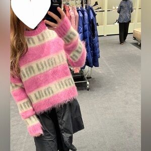 Miu Miu Pink and Cream Striped Fuzzy Crewneck Sweater BNWT